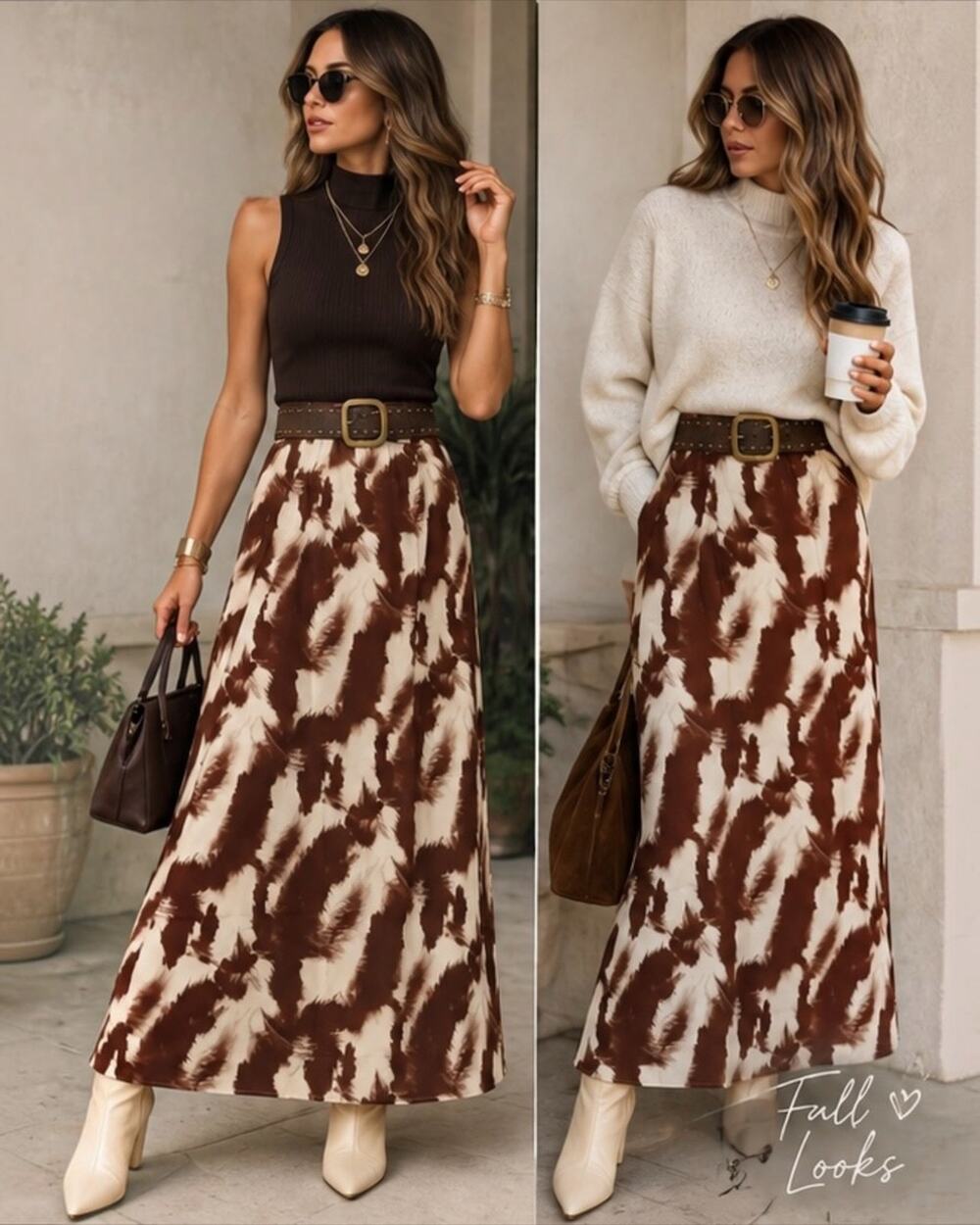 NWT Burgundy Brown Cream Tie Dye Leaf Maxi Skirt Ultra High Waist Side Zip Fall